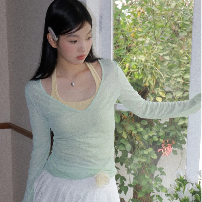 甜辣防晒罩衫女新款夏季长袖t恤宽松显瘦薄荷绿色上衣+背心两件套