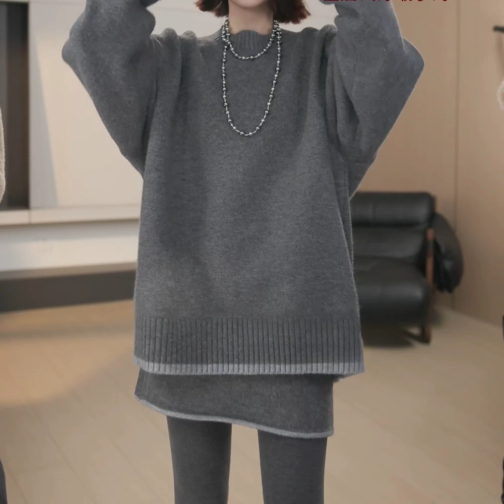 秋冬上新设计感撞色显瘦高级感宽松慵懒风毛衣套头针织衫灰色上衣