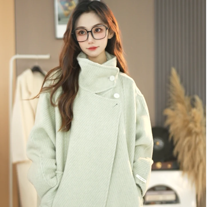 【芬兰雪境】秋冬新款双面羊毛大衣中长款毛呢外套立领宽松韩版