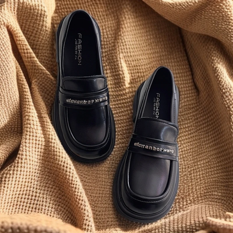 时尚一脚蹬粗跟软底平底乐福鞋4cm厚底复古FASHION黑色