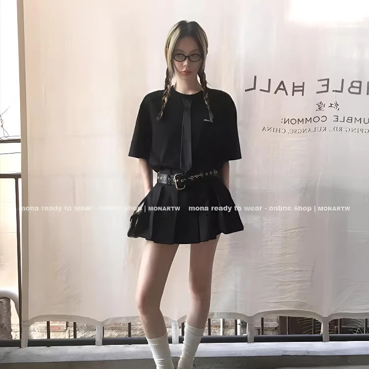 MONA 100棉 简约休闲气质宽松 领带短袖T恤上衣女 2025夏季新款