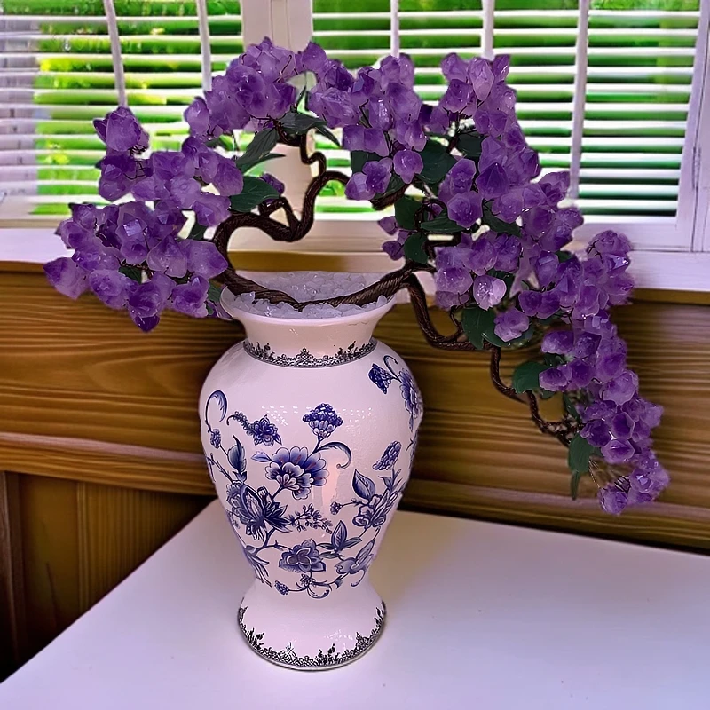 【轻奢高品】中式高雅陶瓷天然紫水晶百搭摆件创意手绘时尚玄关