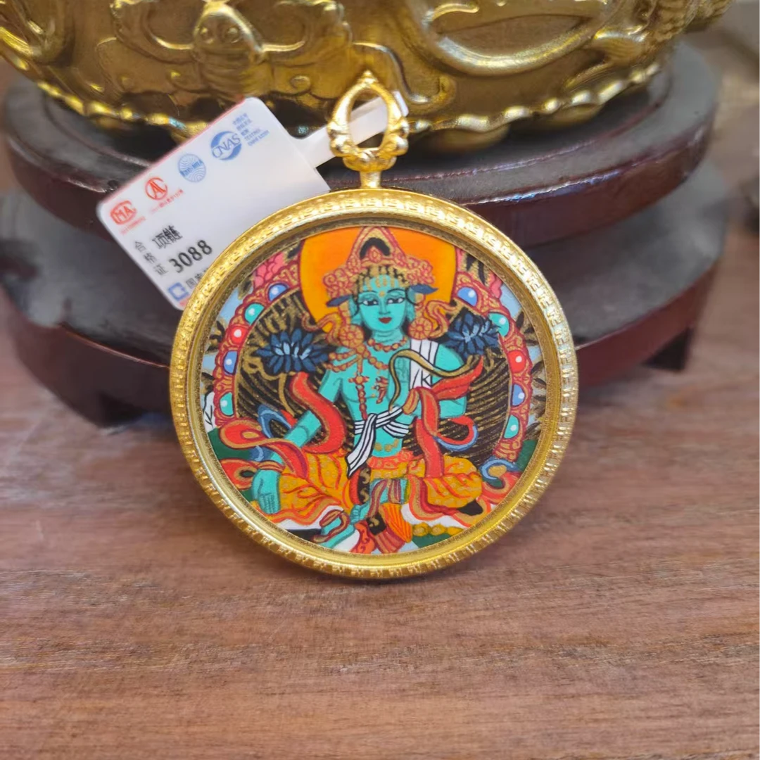 非金属布艺吊坠 西藏热贡绿度母圆卡唐卡 C6MRA