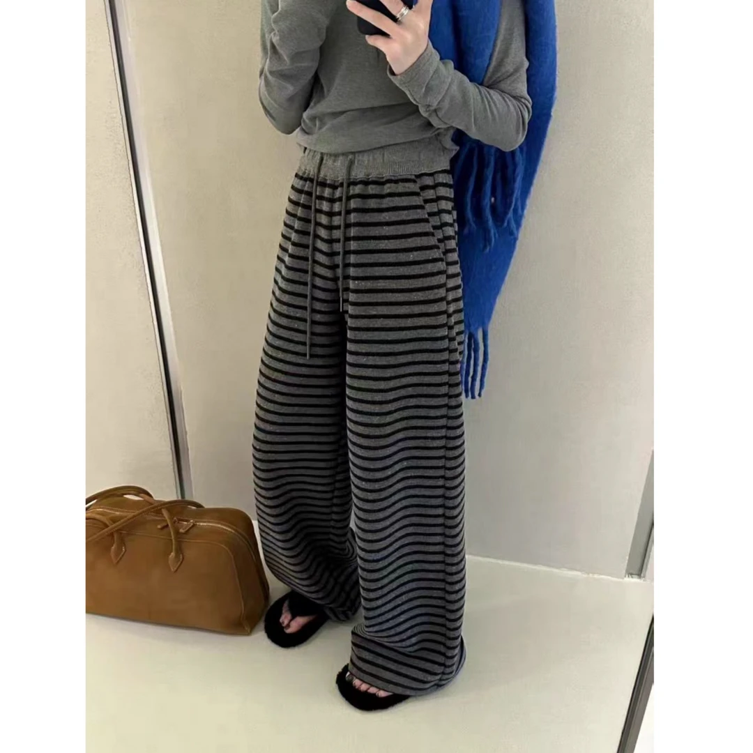 （柚子同款）HM春款新品条纹阔腿休闲裤6602