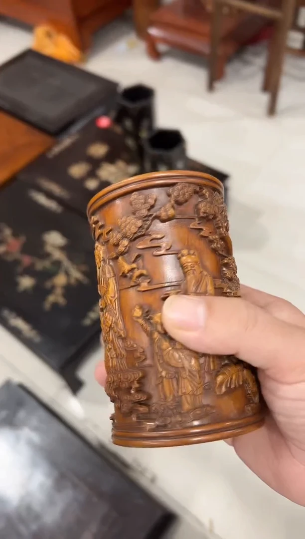 木福禄寿黄杨笔筒