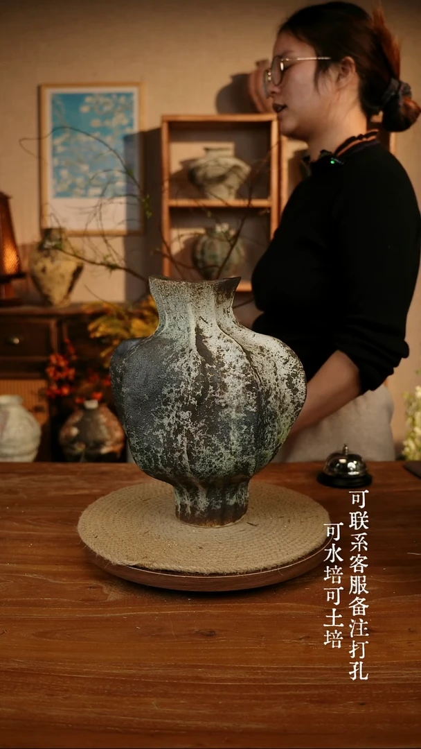 陶瓷318海盐蓝异形爱心大肚瓶可水培可土培