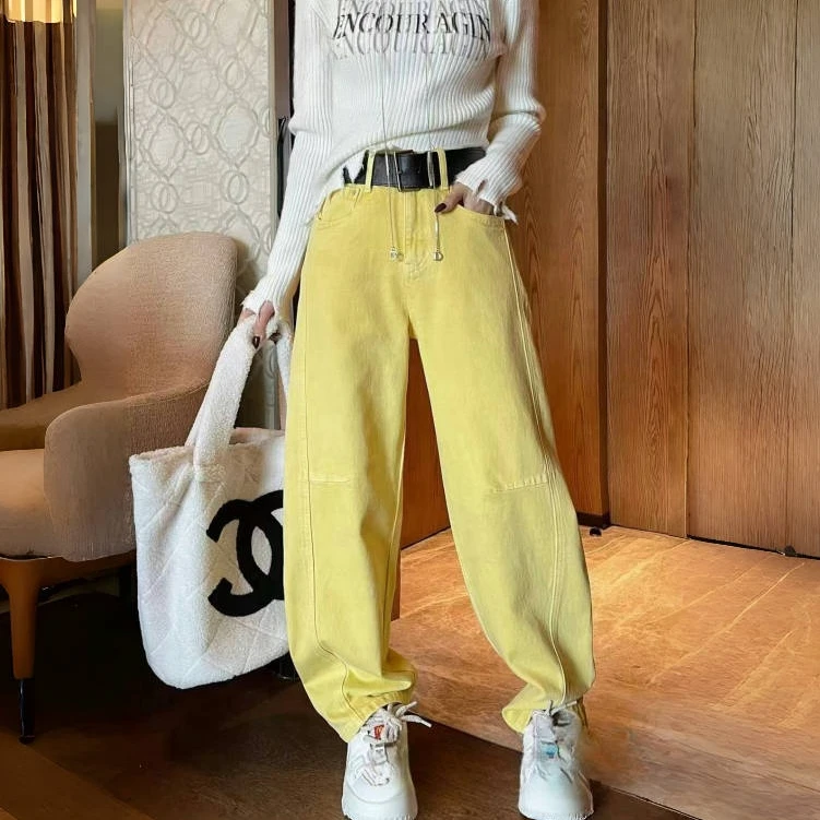 【裤博汇】99036春款新款柠檬黄弯刀裤洋气宽松显瘦高腰牛仔裤