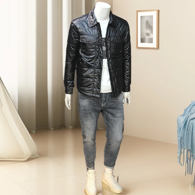 维斯克纳冬季男士衬衣羽绒夹克潮流时尚修身翻领轻薄保暖羽绒服