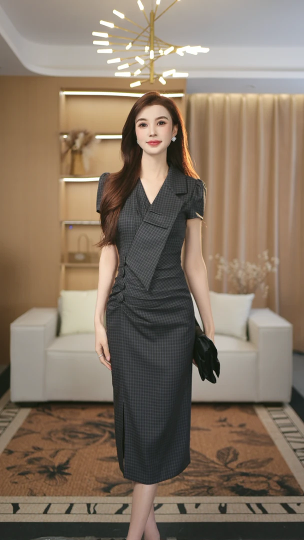 罗曼定制 高定原创夏季连衣裙西装领轻奢气质通勤收腰开叉中长裙