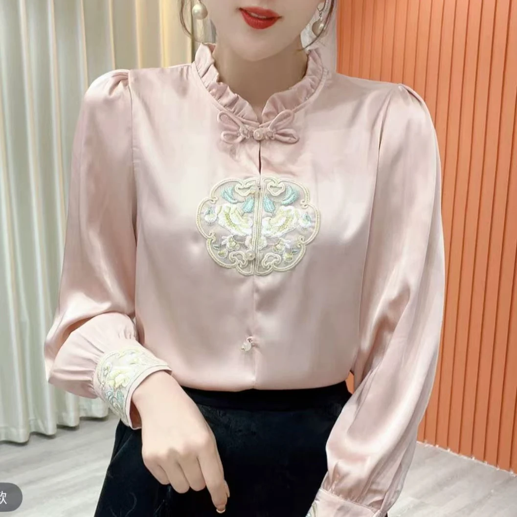 时尚女装新中式盘扣绣花国风衬衫女309