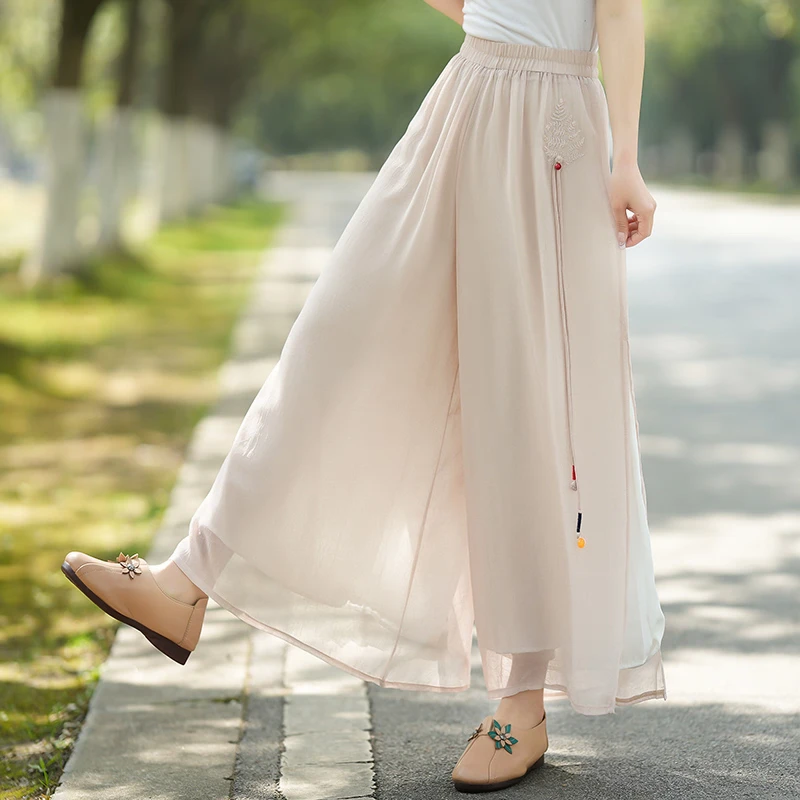 休闲裤薄款阔腿裤中国宽松纯色刺绣裙裤服装长裤飘逸大码高腰夏季