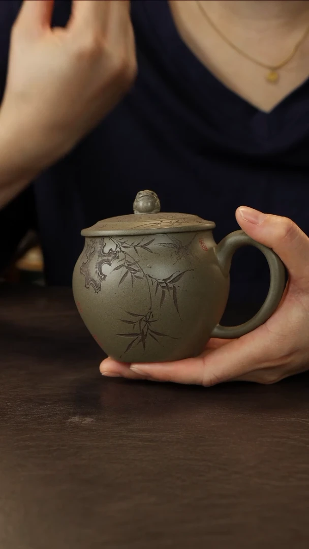 茶杯紫砂蒋文琴蟹壳青段金蟾盖杯