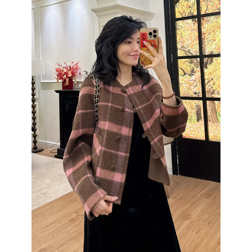 【羽量立方】琥珀流光风拼色格子圆领外套女大衣秋冬款