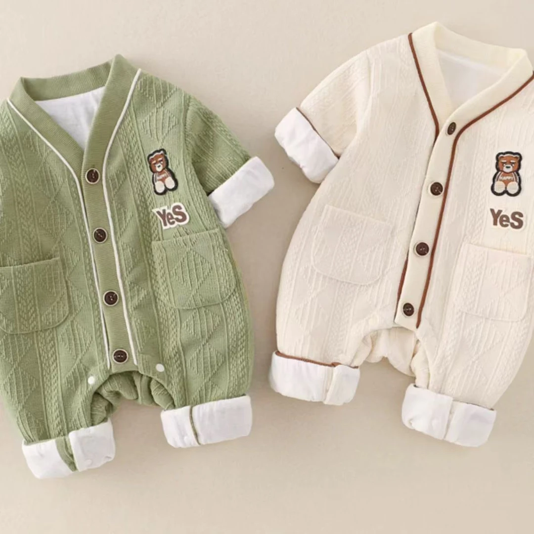 x【优选】[香草绿学院风]婴儿秋装新款连体衣婴幼儿刺绣小熊ly