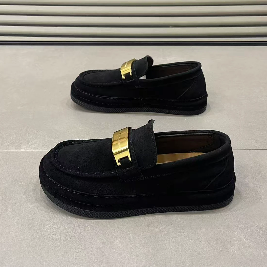 2025冬季新款一脚蹬马衔扣豆豆鞋男加棉休闲乐福鞋黑色真皮开车鞋