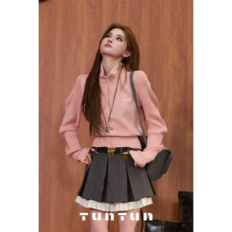 吞吞穿搭日记【少女气色 粉色】青春美少女 拉链半高领毛衣