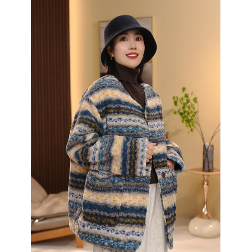 BEIJU 2025复古宽松慵懒风休闲加厚百搭单排扣韩版棉衣外套女7866