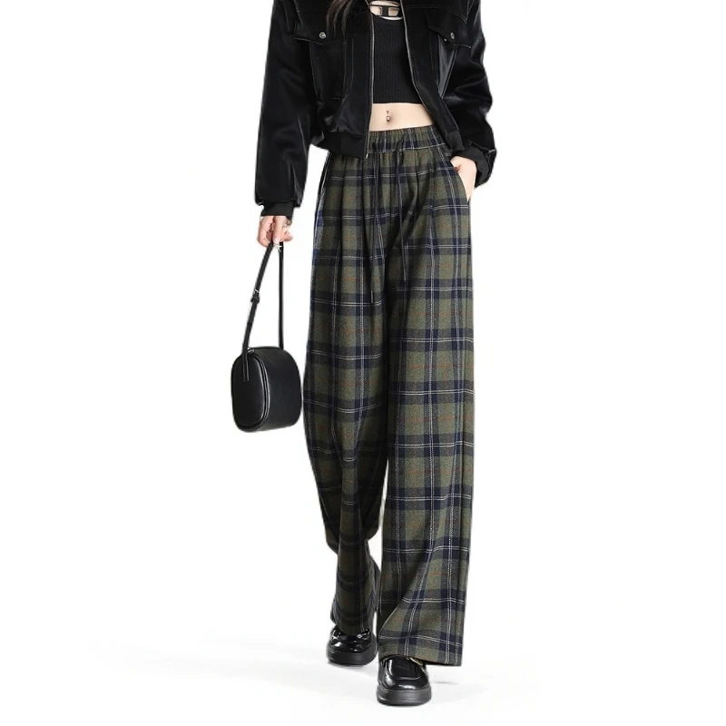 秋冬款美式复古格子显瘦阔腿裤 毛呢休闲卫裤9924