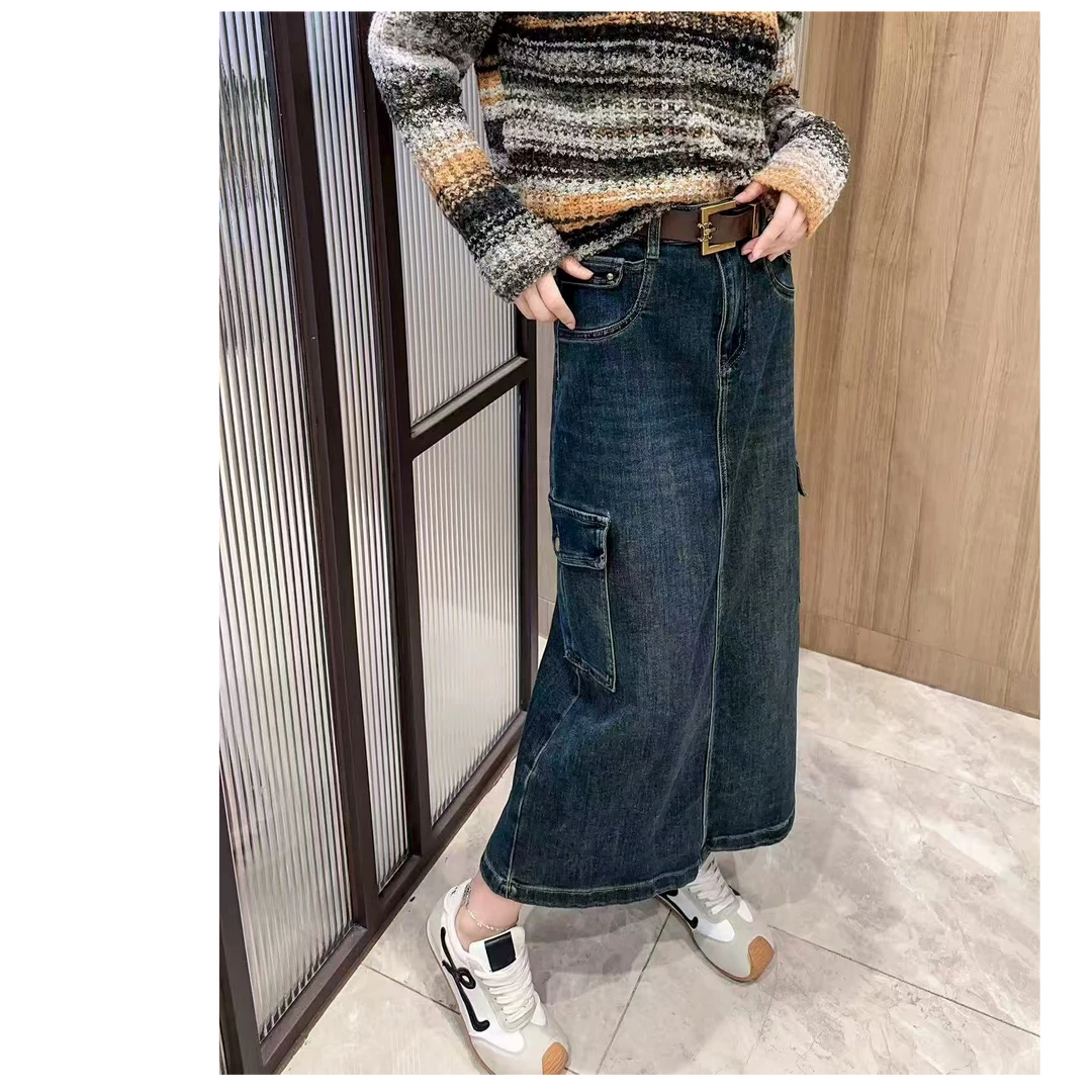 D5077秋季新款高腰遮胯显瘦两侧口袋工装风牛仔半身裙（配腰带）
