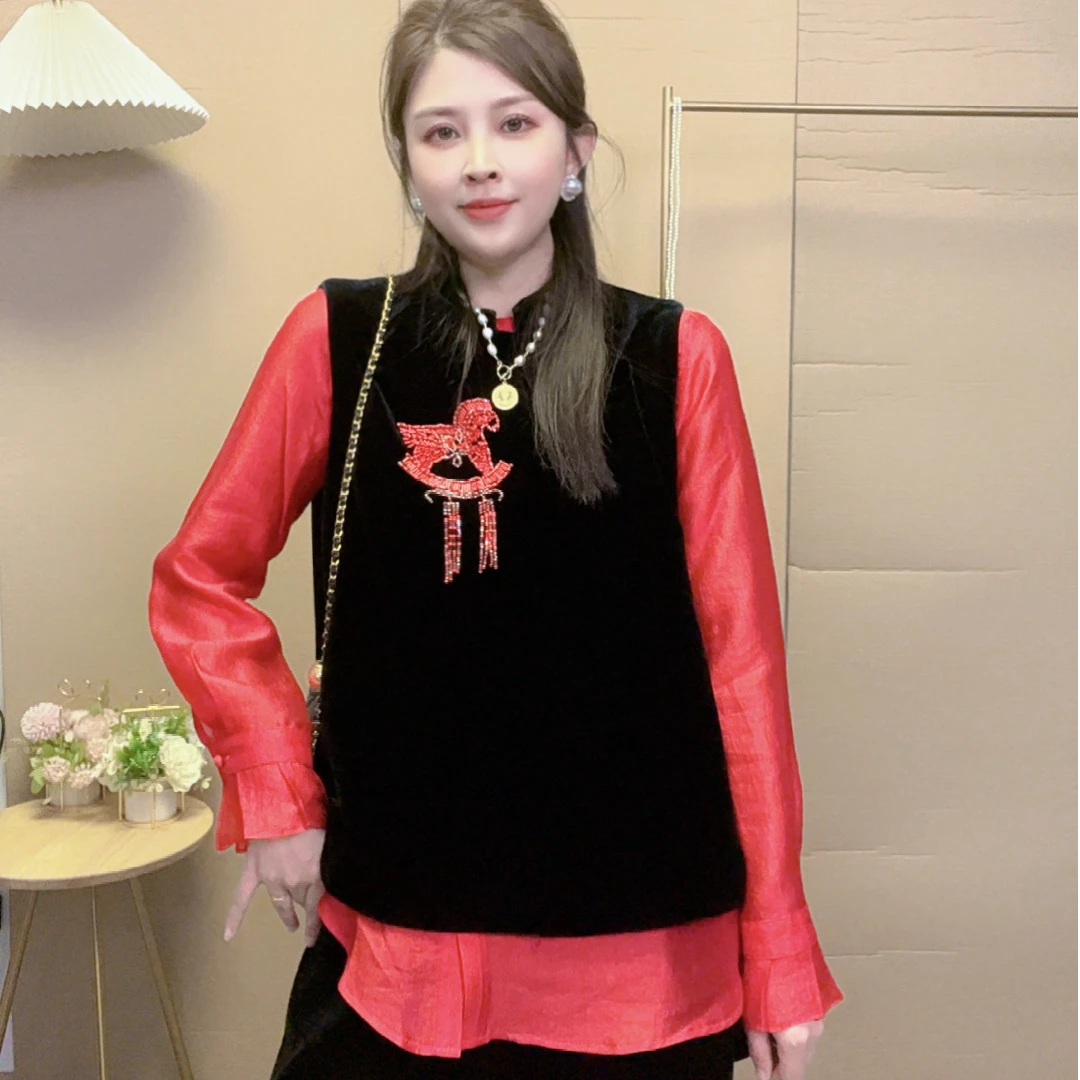 深圳南油慕慕 新款小马钉珠时尚复古桑蚕丝真丝丝绒马甲背心上衣