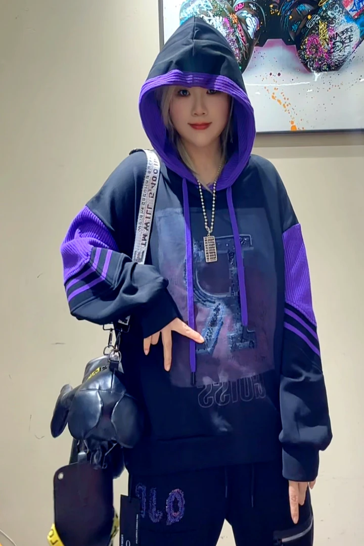 春款新品连帽潮牌卫衣大版宽松卫衣显瘦洋气百搭紫色卫衣