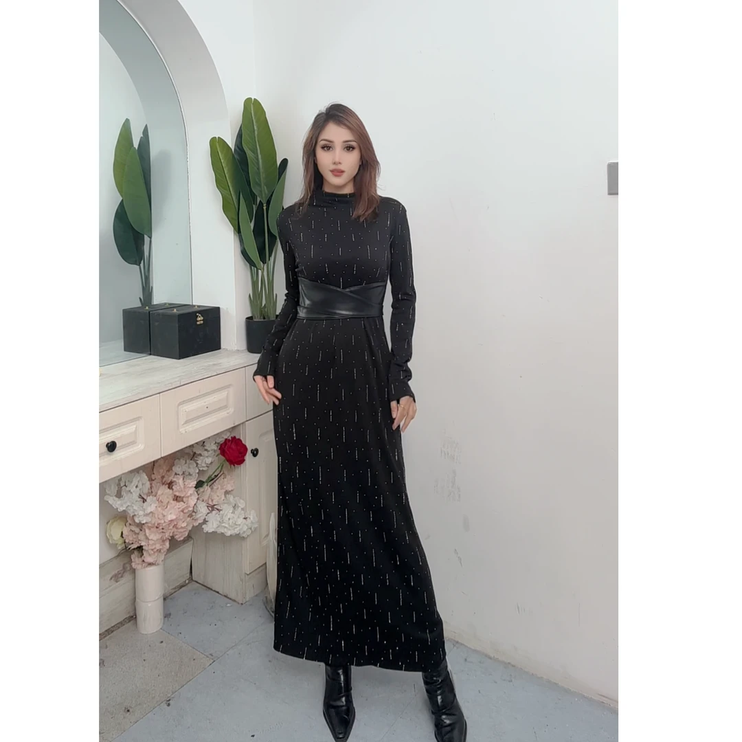 6688一体腰带巧收腰烫钻气质显瘦黑色女装连衣裙