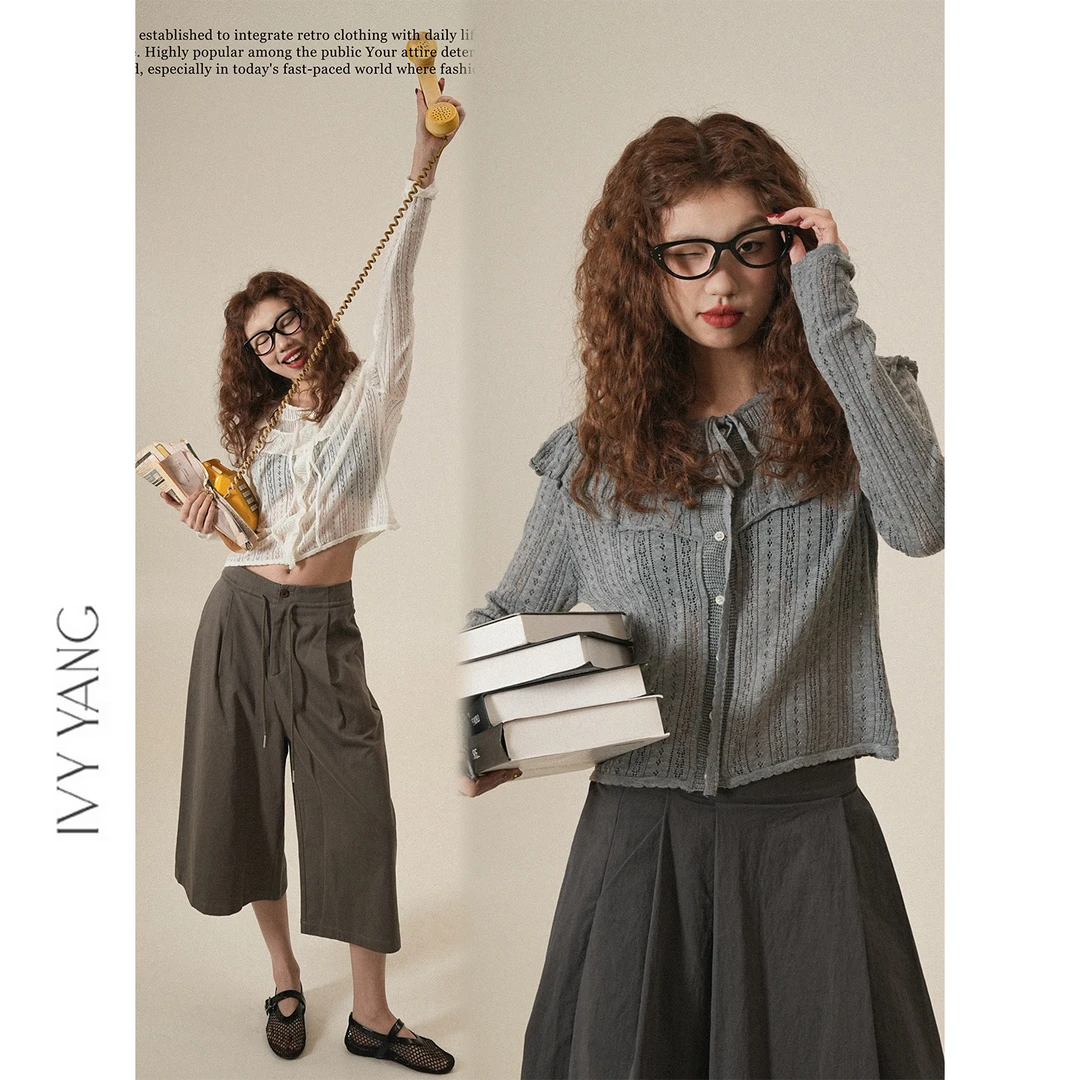 IVY YANG荷叶边镂空绑带针织开衫