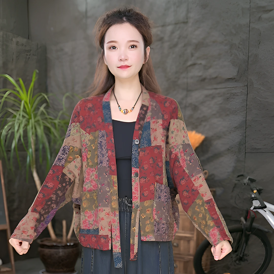 纯棉休闲百搭V领秋季女透气厚款短外套民族风时尚短款