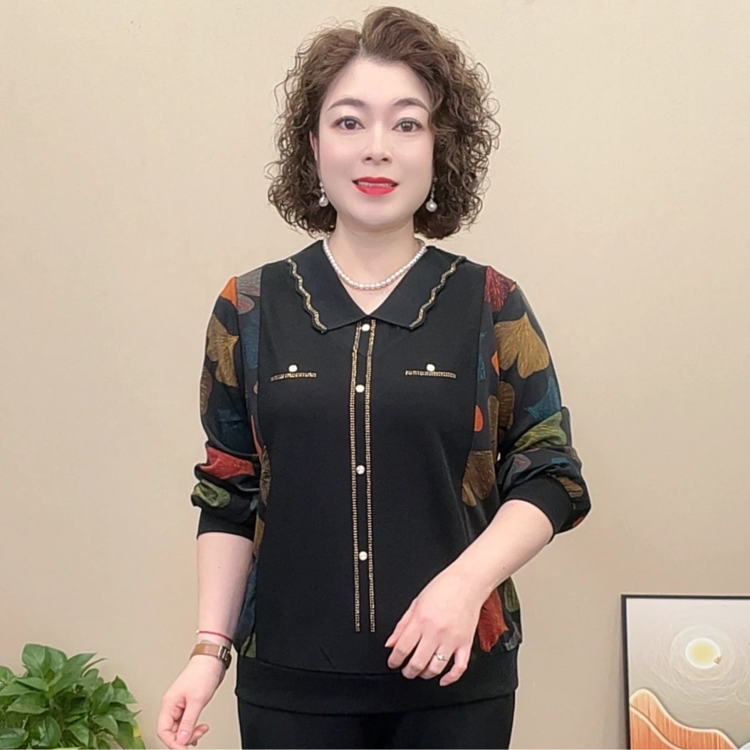 2025春季新款中老年百搭宽松显瘦气质时尚洋气翻领拼接妈妈装女士
