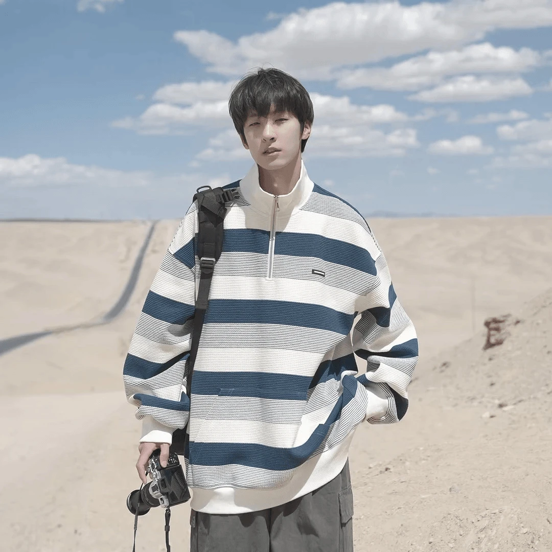 简约男装潮流复古条纹polo领卫衣男春秋宽松ins潮流翻领上衣服DS