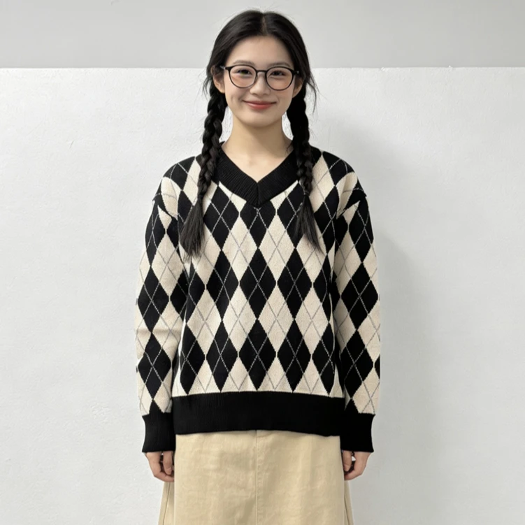 bobo姐 断码 女士美式复古潮流百搭菱格纹V领针织衫毛衣