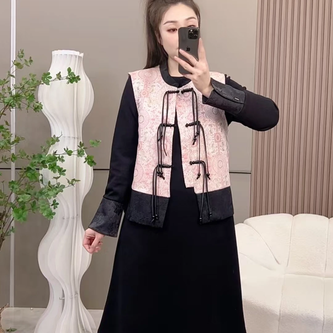 欧货大码2025新中式高级感马甲显瘦打底长裙新年战衣两件套裙