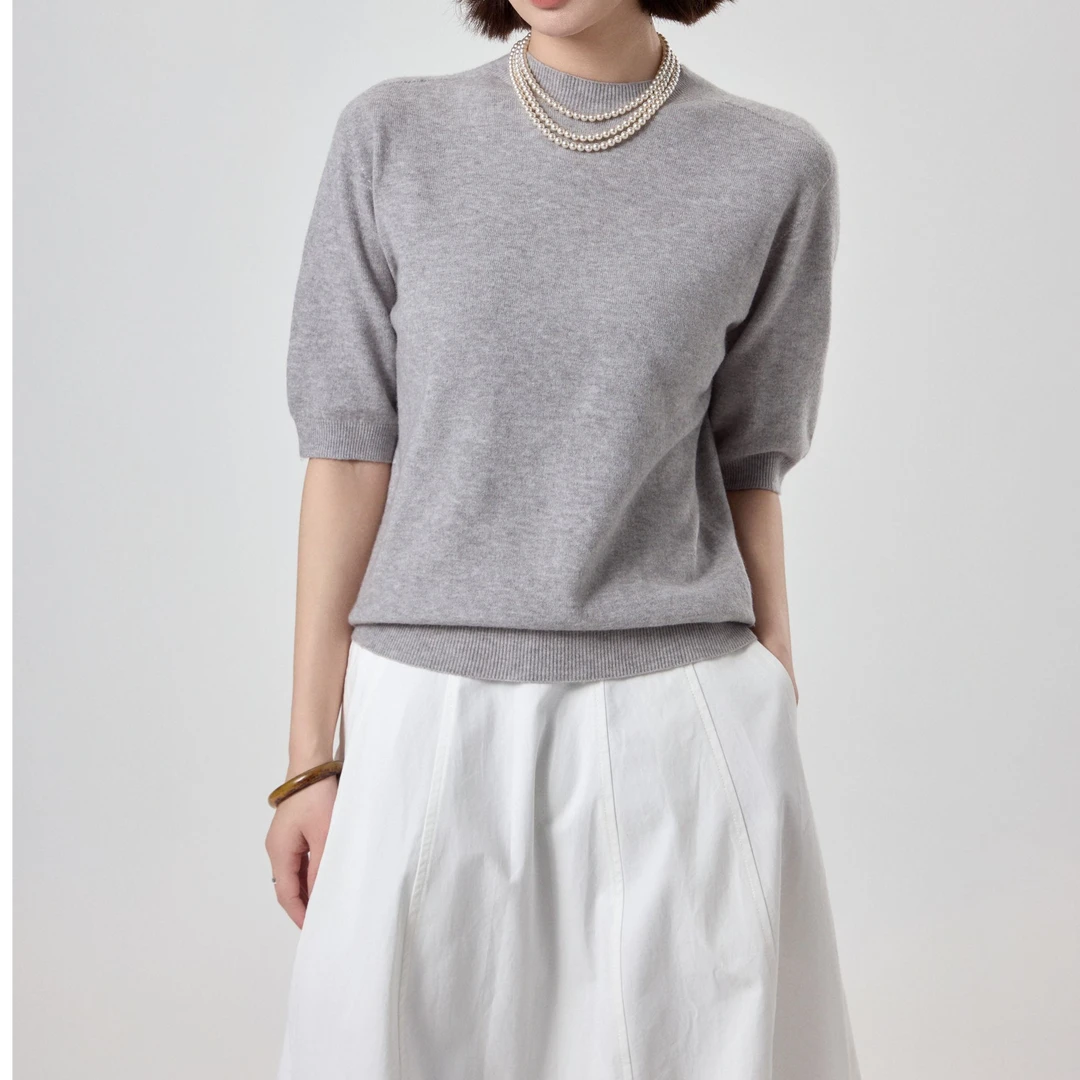 2025新款时尚极简舒适百搭无缝一体短袖打底针织衫女士上衣H5-68