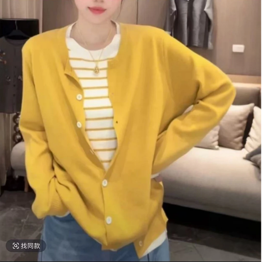 M047#2025春季韩系百搭条纹长袖假两件气质大码圆领针织开衫女