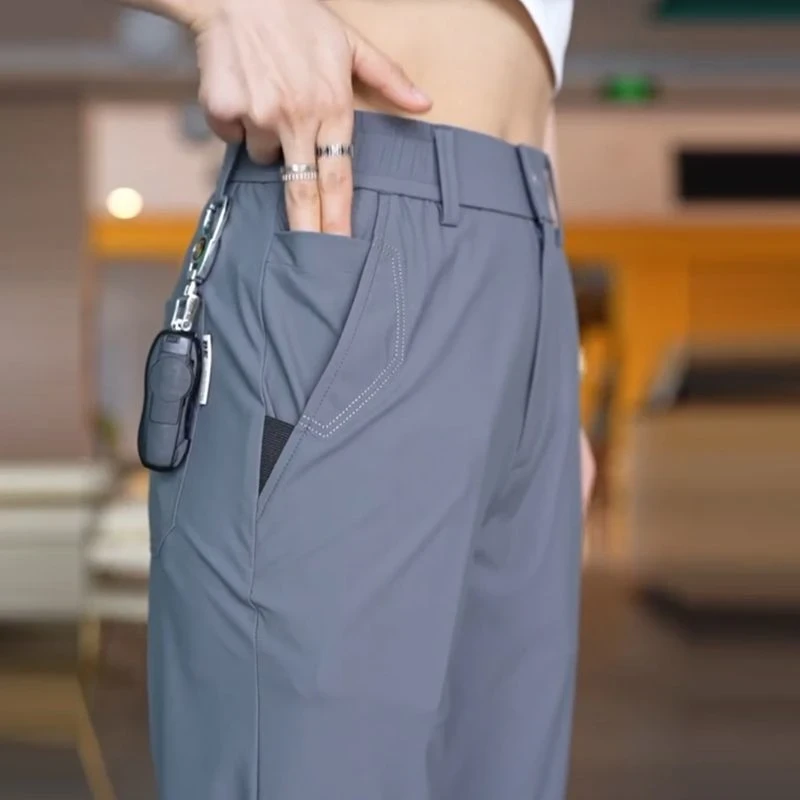 夏季薄款牛奶丝冰丝透气宽松直筒休闲裤男士潮流百搭弹力速干长裤