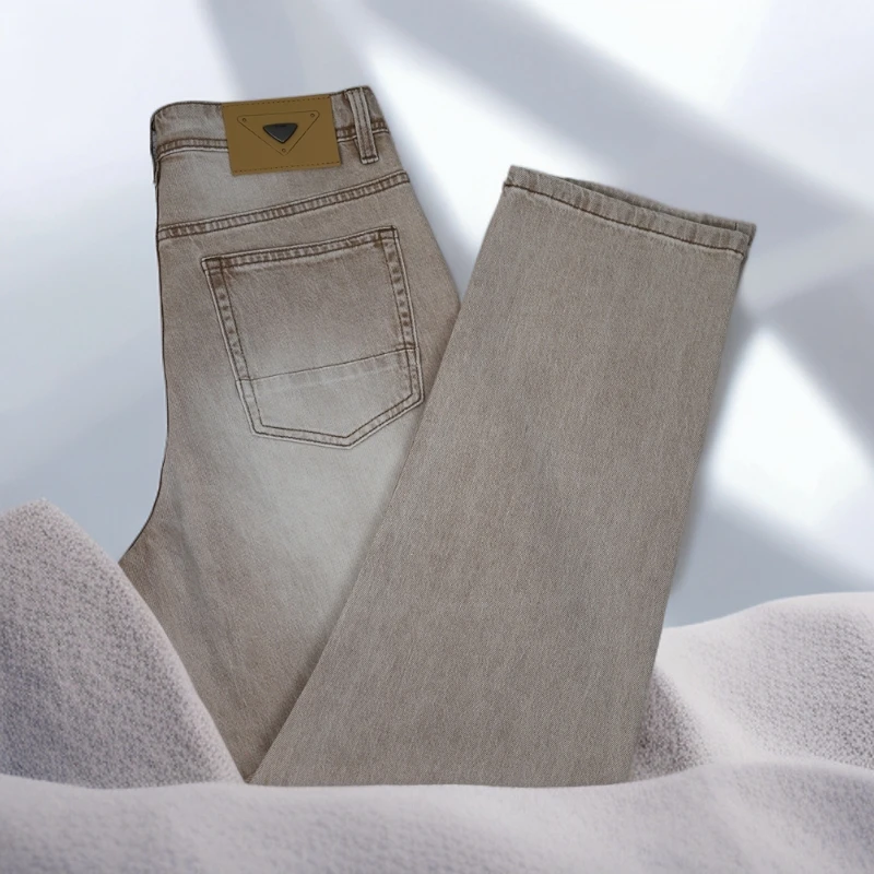 宾斯洛特时尚男士牛仔裤夏季薄款宽松直筒复古水洗简约卡其色长裤