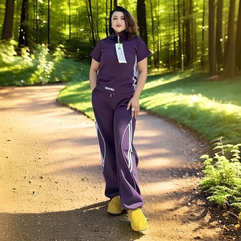 B大版韩系穿搭立领短袖上衣美式撞色条纹卫裤直筒休闲运动套装