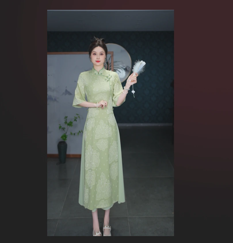 印染中国风中袖长袖常规袖旗袍新中式绿色文艺显瘦夏季日常黄色