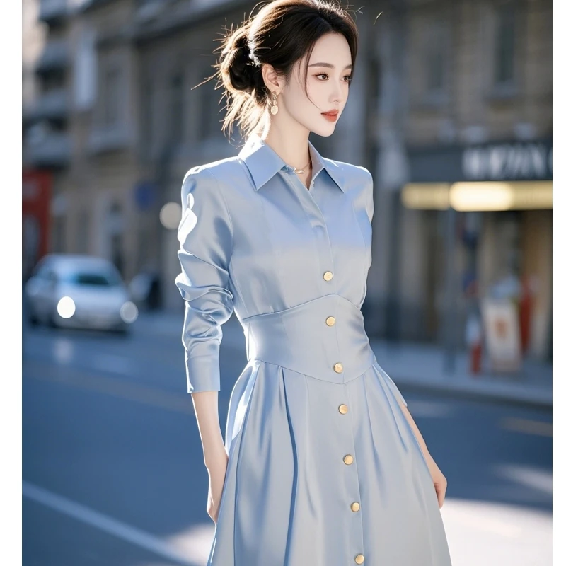 2025超火法式女里女气高级感气质名媛小香风蓝色缎面衬衫连衣裙春