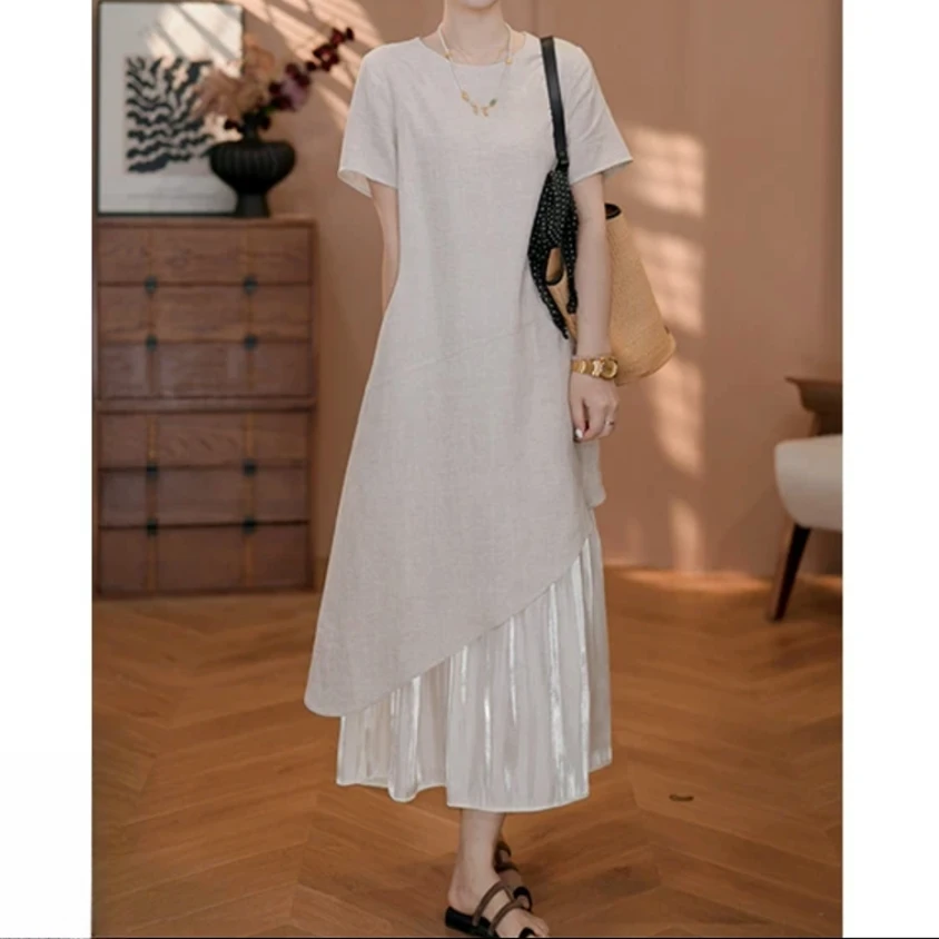夏季新款含亚麻拼接设计感显瘦气质圆领拼接纯色休闲宽松连衣裙
