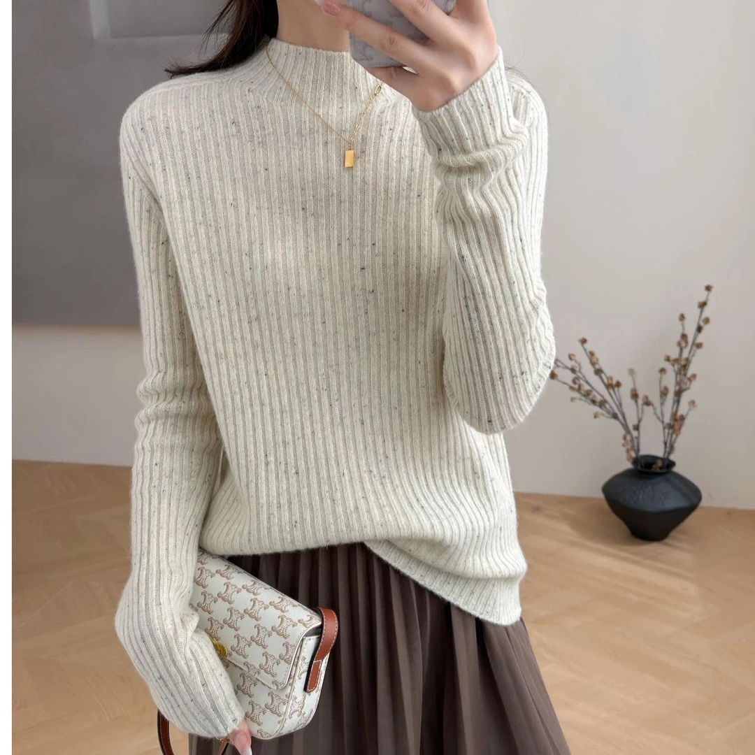 全羊毛100%加厚无缝一体点子纱七彩丝百搭半高领修身打底衫3036