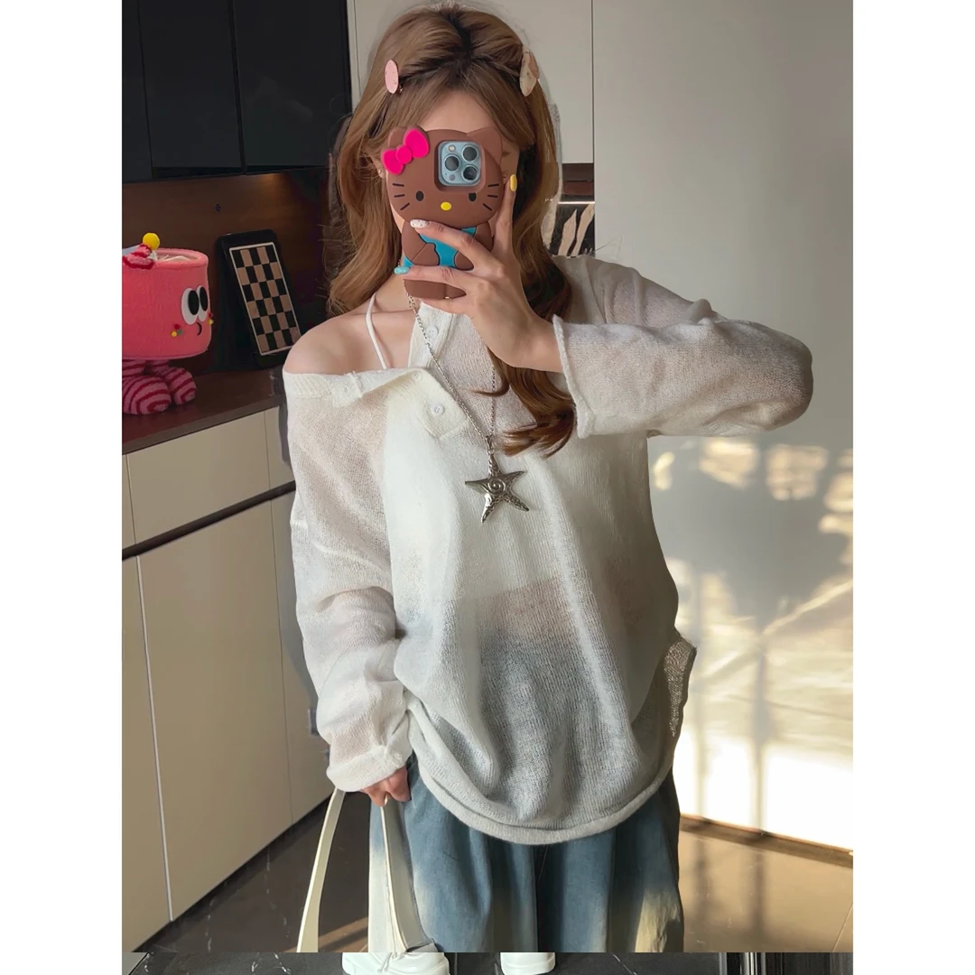 甜粿妹妹亨利领微透薄款针织衫女春夏季卷边长袖防晒罩衫纯色