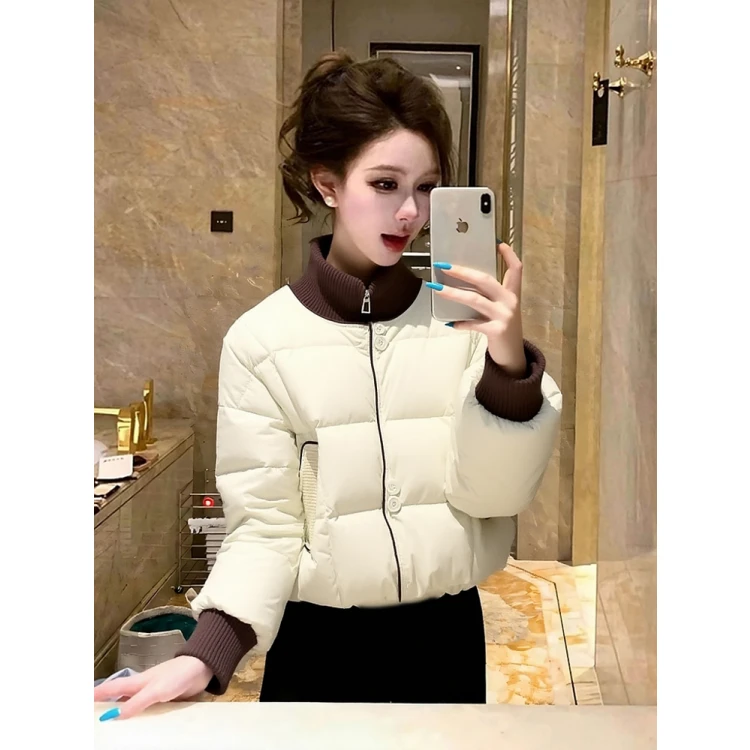 2025超火冬装保暖短款白色拼接棉服加厚外套独特漂亮洋气小棉袄女