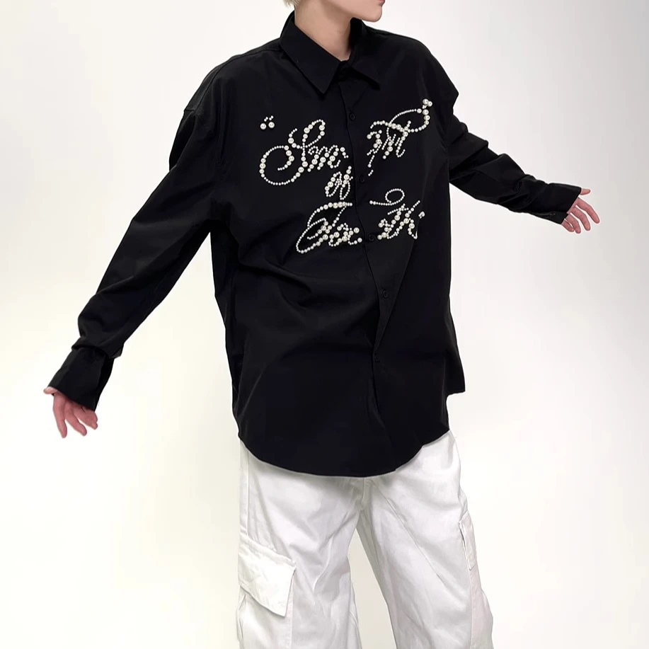 春秋季小众长袖衬衫男女韩系酷风创意珍珠字母宽松休闲痞帅衬衣潮