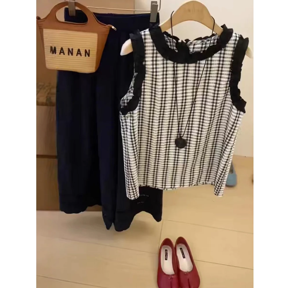 【棉】韩系2025新款甜美简约百搭圆领无袖背心宽松花边休闲上衣9618