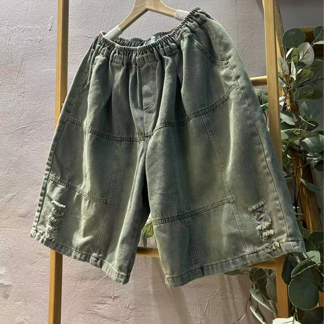 【半奏】休闲拼接磨白直筒裤破洞牛仔裤百搭 腰围110臀围130裤长56