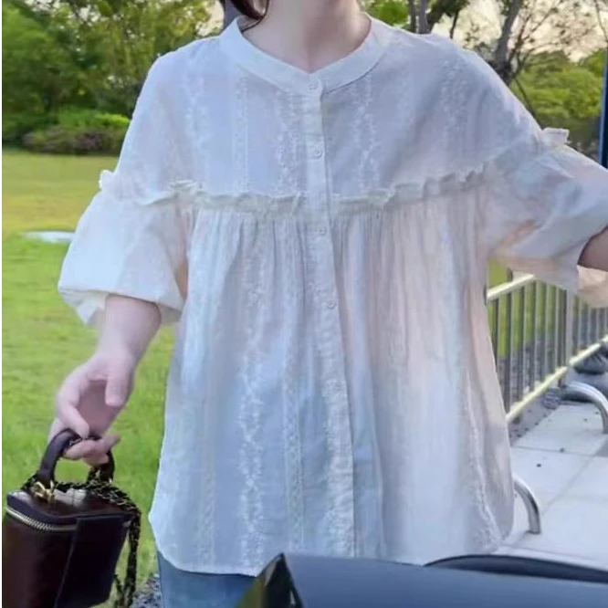 01木耳边刺绣衬衫女短袖减龄感娃娃衫夏季2025轻熟风设计感上衣