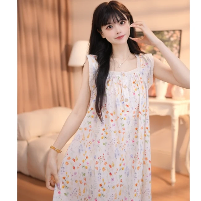 【无袖油墨花】新碎花女睡裙娃娃领印花日系韩版甜美WQN