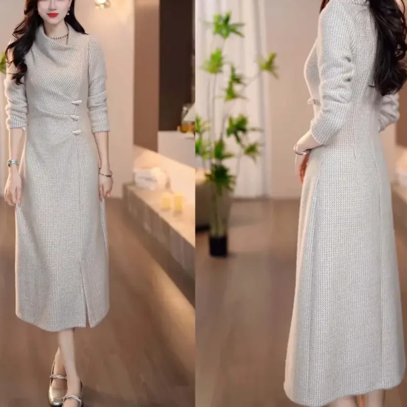 2025秋季新款米卡色时尚领口设计收腰显瘦优雅气质连衣裙M-4XL