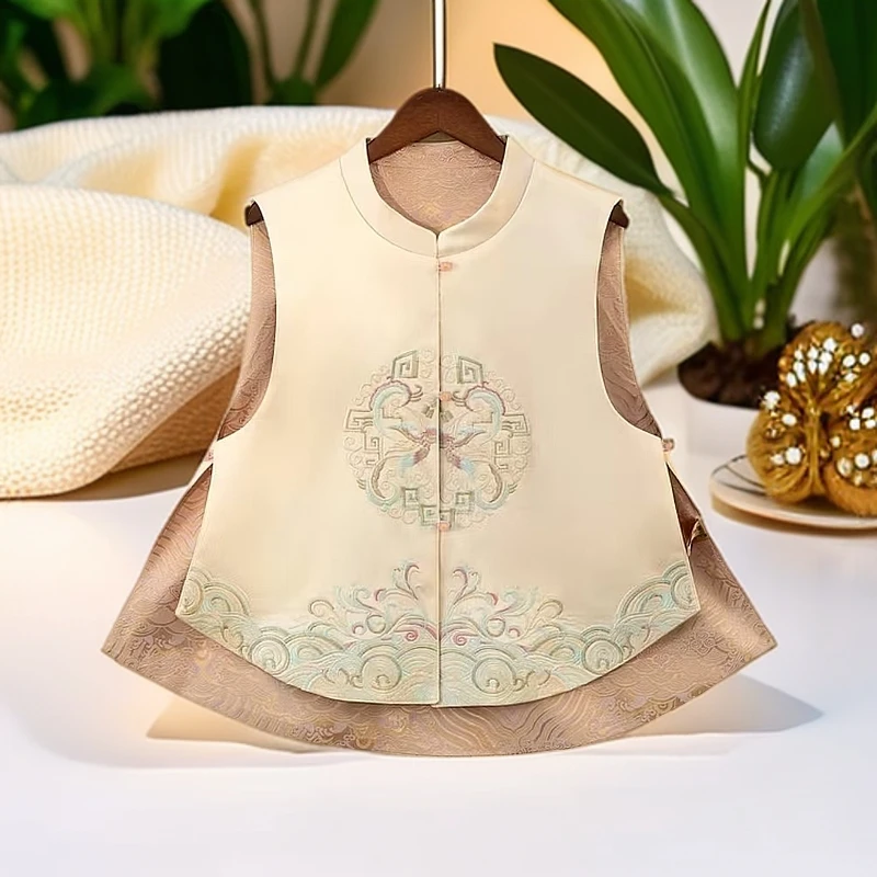 双面双穿春季国风上衣马甲新中式立领提花女装复古民族风女士马夹